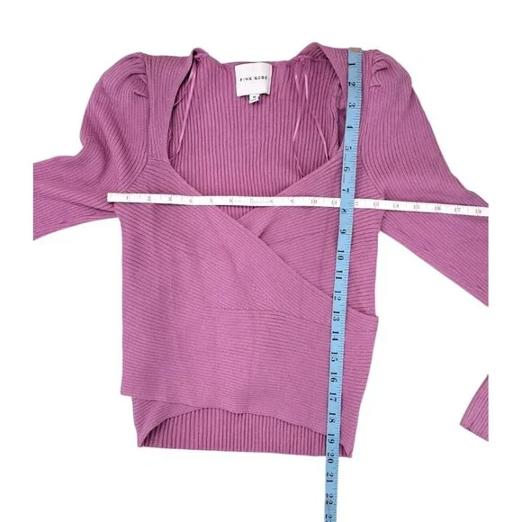 Pink Rose Ribbed Knit Wrap Sweater Medium Mauve Long Sleeve Top New - Picture 5 of 5